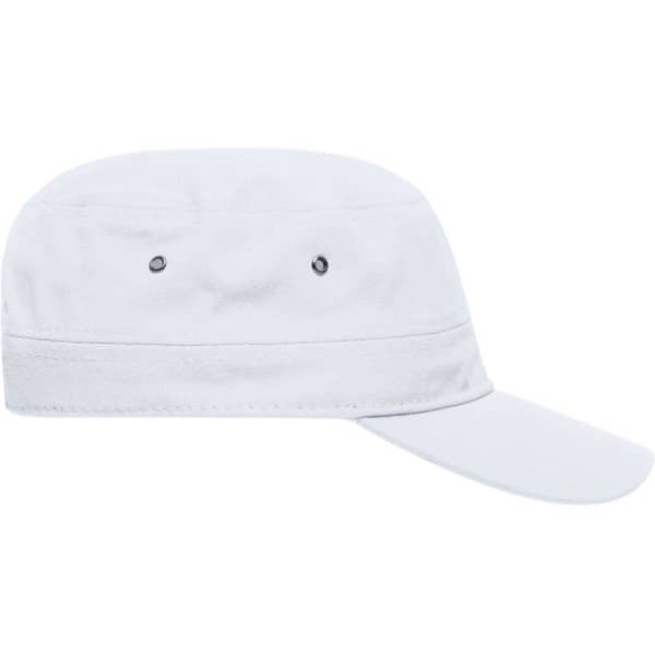 A white military cap with a flat brim and ventilation holes, featuring a small logo.