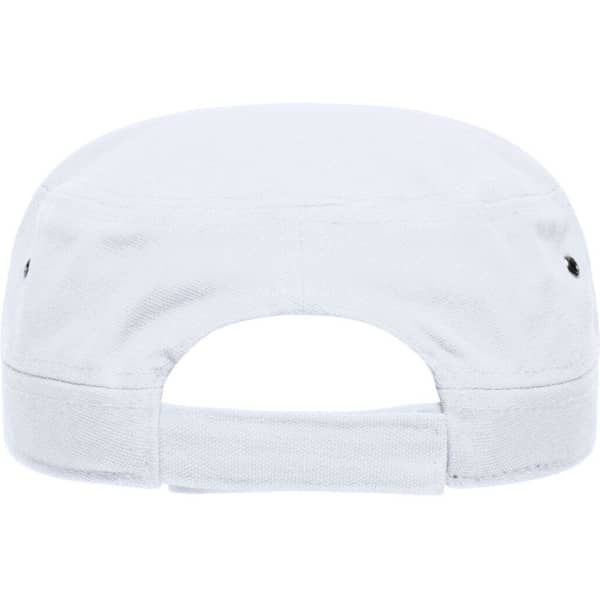 A white military cap featuring a branded logo on the back and an adjustable strap.