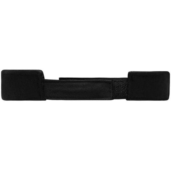 A black fashion sun visor with a simple, sleek design and an attached strap. It features a logo on the material.
