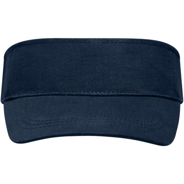 A navy blue sun visor with a wide brim and solid fabric design, featuring a branded logo.