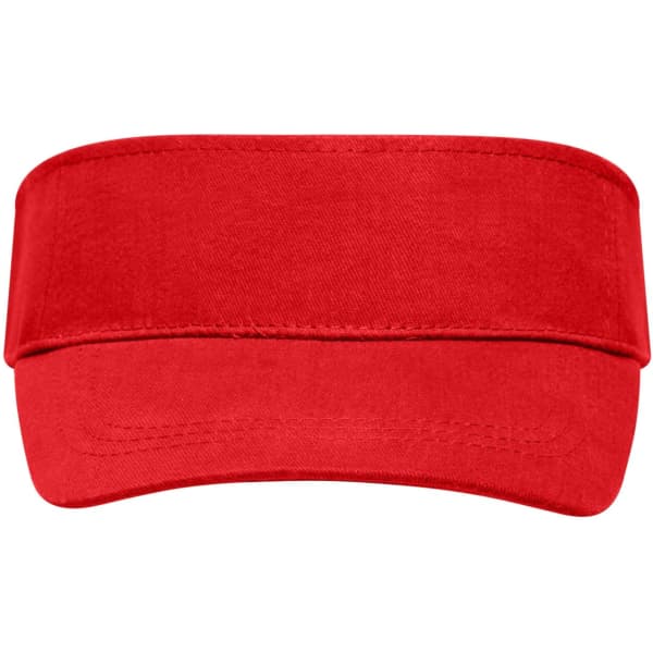 A red sun visor with a wide brim and adjustable band, featuring a logo on the front.