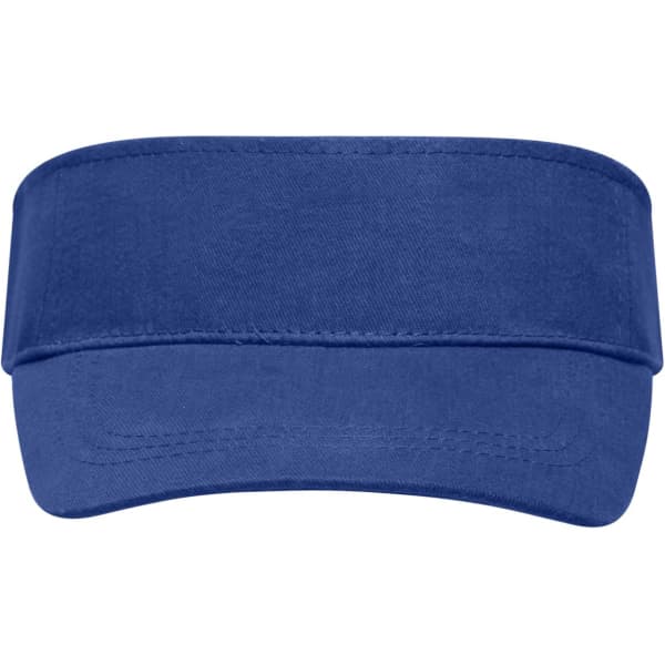 A blue sun visor with a wide band and a curved brim, featuring a logo on the front.