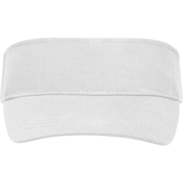 A white sun visor featuring a wide band and a curved brim, with a logo on the side.