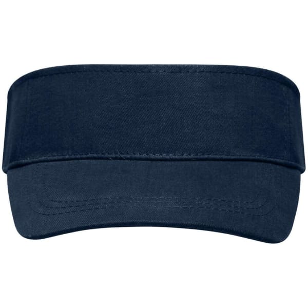 A navy blue sunvisor with a wide brim and adjustable band. It features a logo on the front.