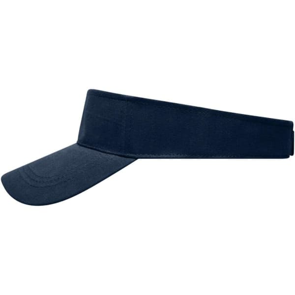 A navy blue sun visor with a wide brim and an adjustable strap, featuring a logo on the band.