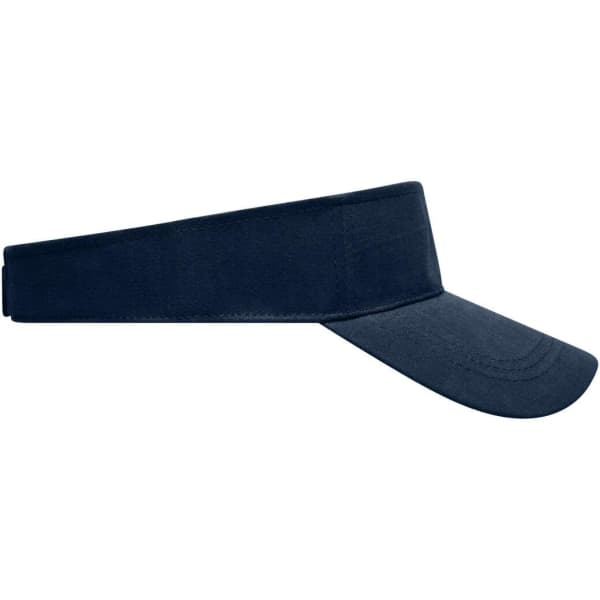 A navy sun visor featuring a wide brim and a soft band. It has a logo on the side.