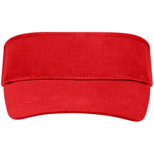 A red sunvisor with a wide brim and a band around the head. It features a logo on the front.