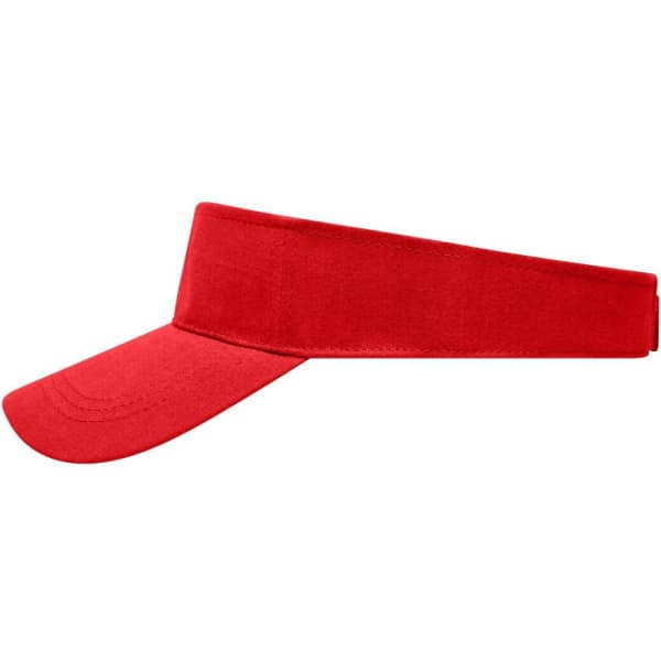 A red fashion sunvisor with a wide brim and adjustable strap, featuring a logo on the band.