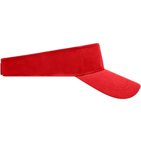 A red sun visor with a wide brim and adjustable strap. It features a logo on the side.