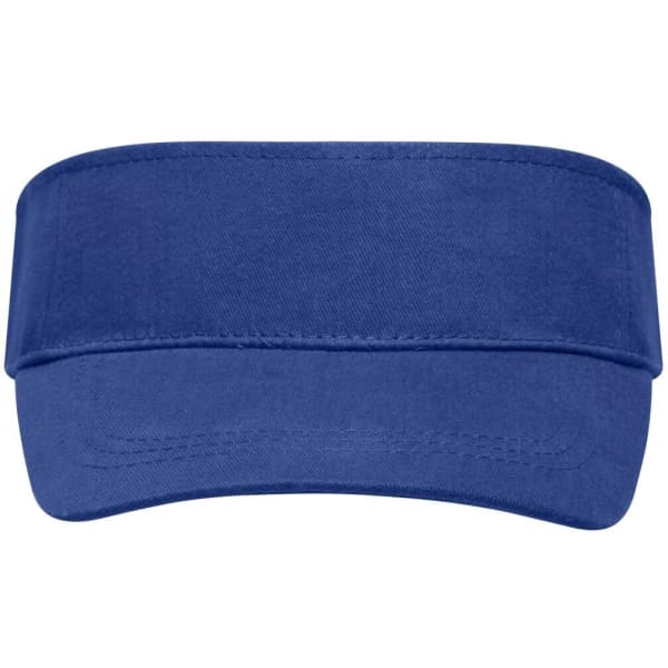 A blue sunvisor with a wide brim and adjustable band, featuring a logo on the front.