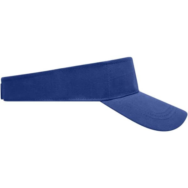 A blue fashion sunvisor with a wide brim and an adjustable strap at the back. It features a branding logo.