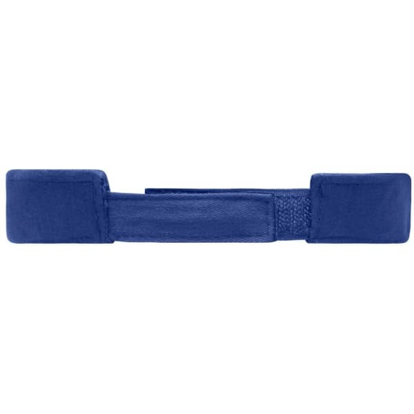 A blue fashion sunvisor with a textured band and square ends, featuring a logo on one side.