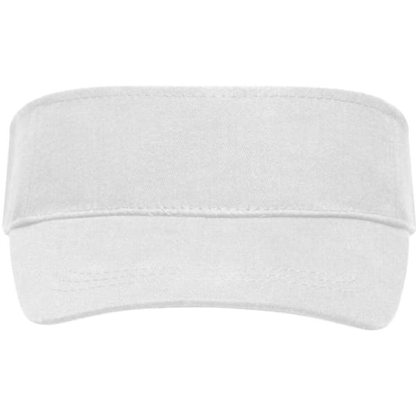 A white sun visor featuring a wide brim and an adjustable band, with a logo on the side.