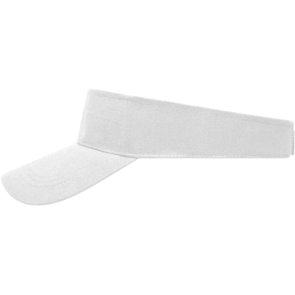 A white sunvisor with a wide brim and adjustable strap. The product features a logo on the band.