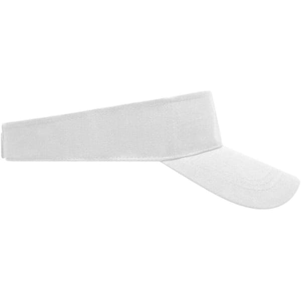 A white sun visor with a wide band and a curved peak, featuring a logo on the front.