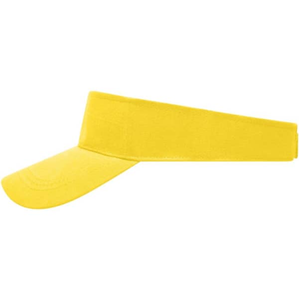 A yellow sun visor with a wide brim and an adjustable band. It features a branding logo.