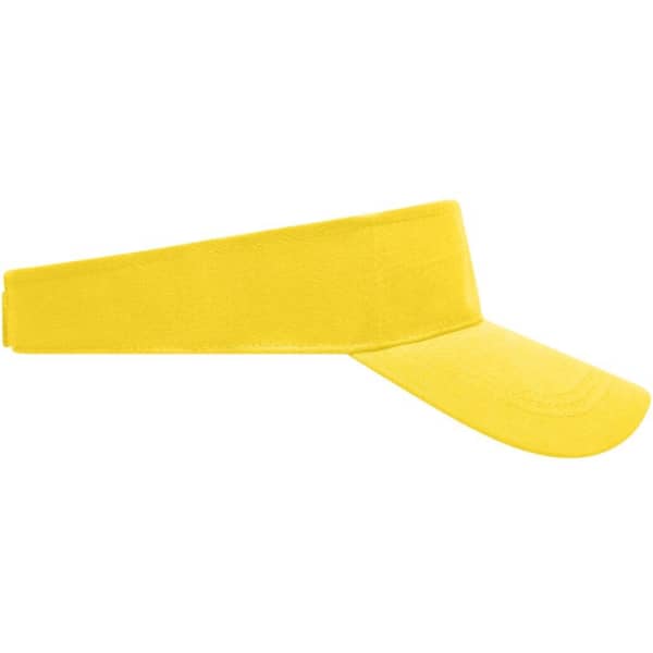 A bright yellow sun visor featuring a wide brim and an adjustable band, with a logo on the side.
