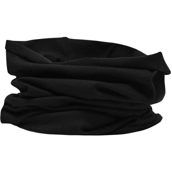 A black bandanna made of cotton with a soft, stretchy texture, featuring a logo.