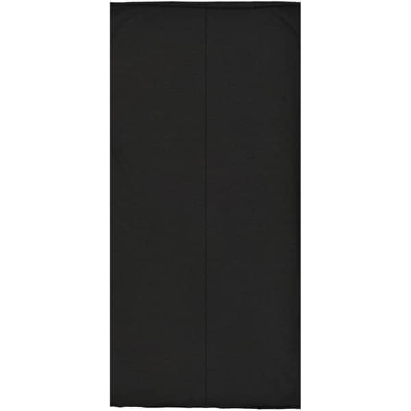 A black bandanna is displayed, featuring a simple design and a logo. Suitable for headwear.