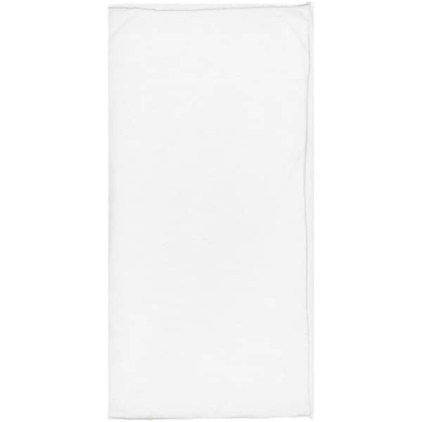 A white cotton bandanna featuring a logo, suitable for various headwear styles.