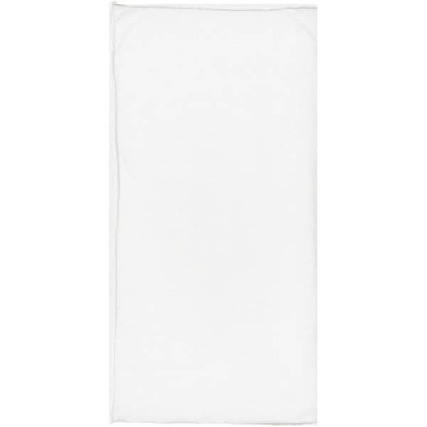A white bandanna made of cotton, featuring a branded logo.