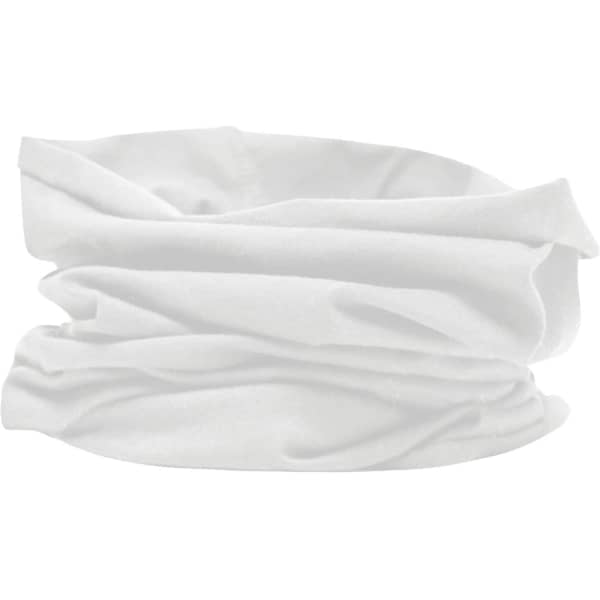 A white bandanna made of cotton, featuring a soft, stretchy design and a logo.