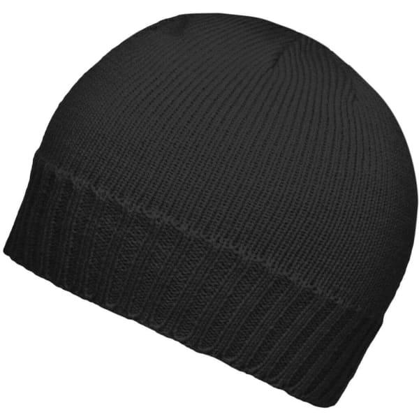A black ribbed beanie with a snug fit, featuring a textured knit pattern. It has a simple design with no visible logos.