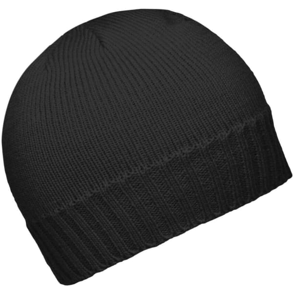 A black ribbed beanie with a simple design, featuring a folded hem and a textured knit pattern.