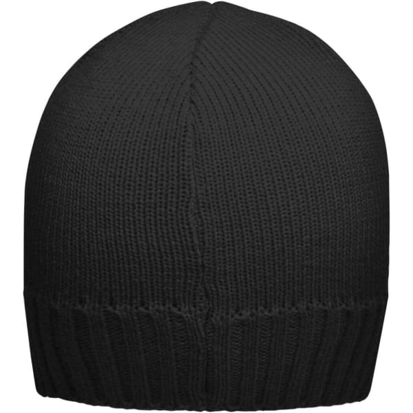 A black ribbed beanie with a smooth top and a folded brim, featuring a logo on the side.