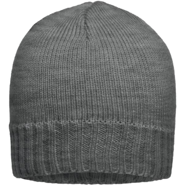 A grey ribbed beanie with a folded brim, featuring a subtle texture. It has a logo on the side.