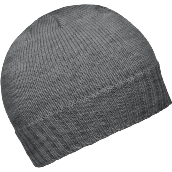 A grey ribbed beanie with a fold-over brim, featuring a simple design and a logo.