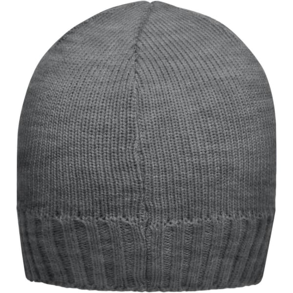 A grey ribbed beanie with a snug fit, featuring a knitted texture throughout.
