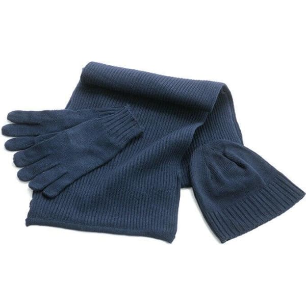 A navy blue ribbed beanie, gloves, and scarf set arranged together. The items have a uniform ribbed texture.