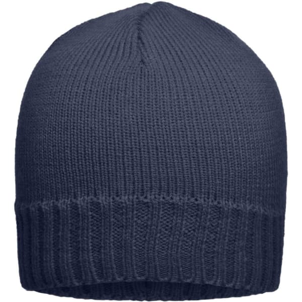 A navy ribbed beanie with a knitted texture and a folded brim. It features a logo.