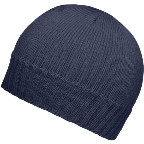 A navy ribbed beanie with a snug fit and a simple design. It features a logo.