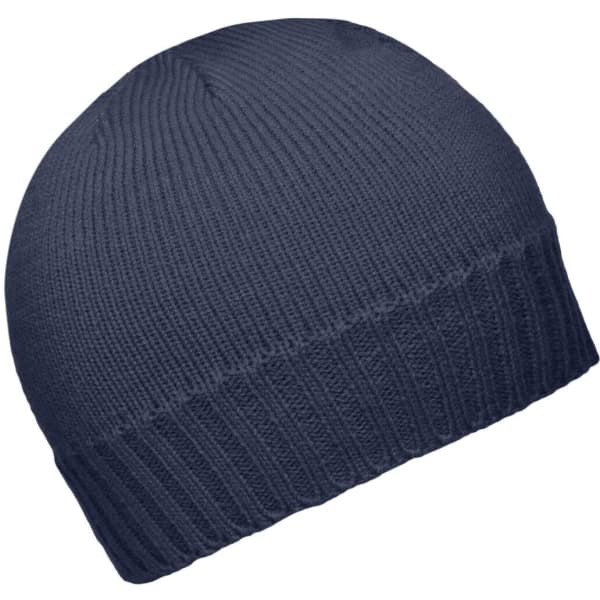 A navy ribbed beanie with a folded brim, featuring a logo on one side.