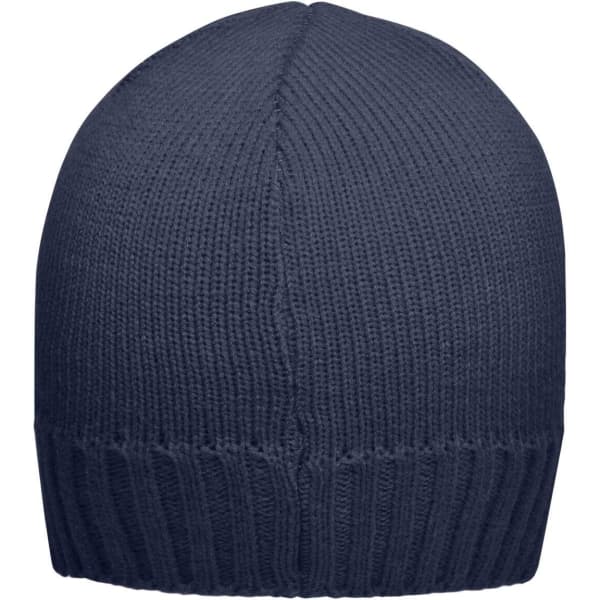 A navy ribbed beanie with a fitted design and a folded cuff. It has a simple branding logo.