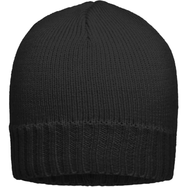 A black ribbed beanie with a textured pattern and a folded brim. The product features a logo.