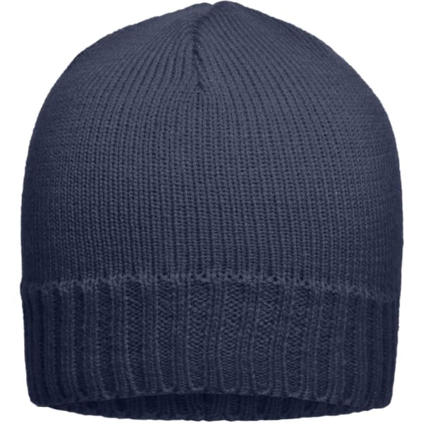 A ribbed beanie in dark navy blue, featuring a flexible cuff and knitted texture. It has a logo on the side.