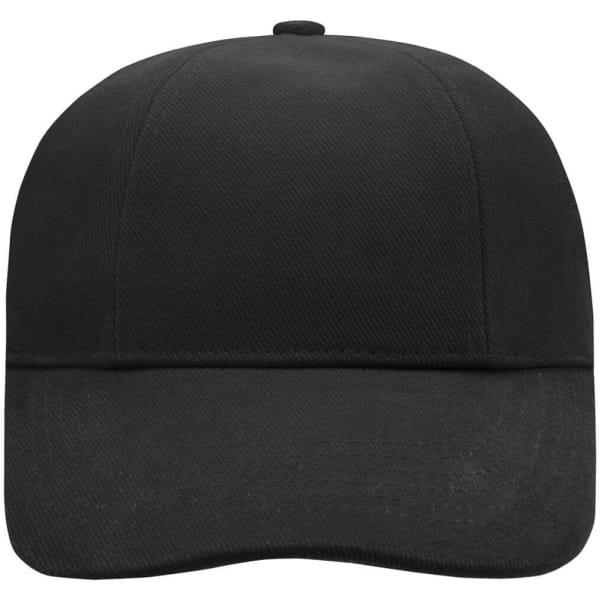 A black six-panel cap with a curved brim and a solid design. It features a logo on the front.