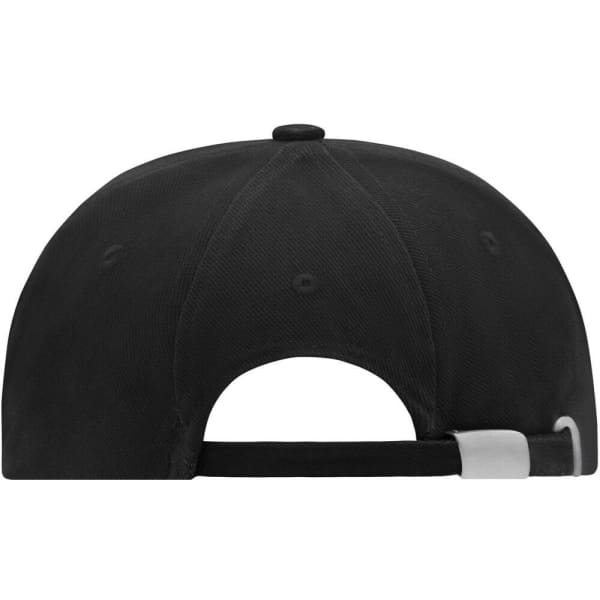 A black turned 6 panel cap featuring a back strap closure and a logo. Suitable for casual wear.