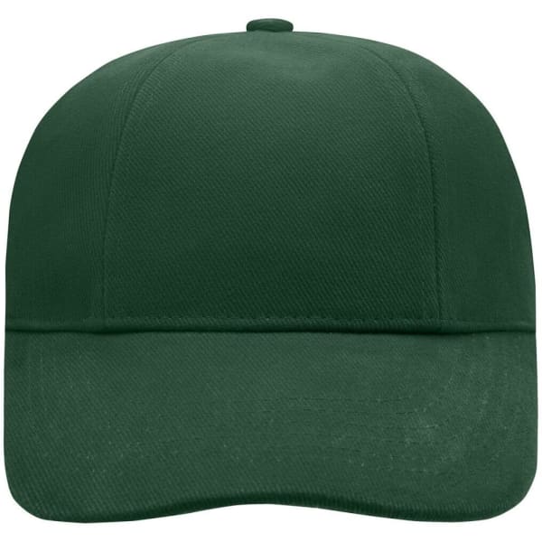A green six-panel cap with a rounded crown and a stiff brim. It features a logo on the front.