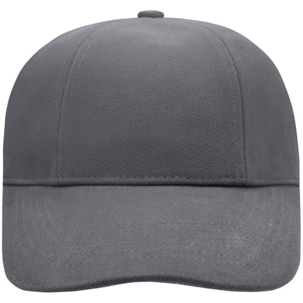 A grey six-panel cap featuring a curved peak and a logo on the front.