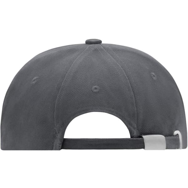 A grey turned 6 panel cap with a curved brim and an adjustable strap at the back, featuring a logo.