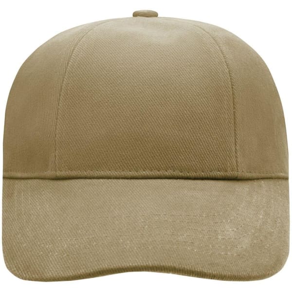A khaki 6 panel cap featuring a rounded crown and a curved brim, with a logo on the front.