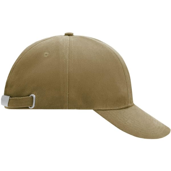 A khaki turned 6 panel cap featuring a rear adjustment strap and a logo. Ideal for casual headwear.