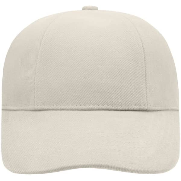 A neutral-coloured six-panel cap featuring a curved brim and a logo on the front.