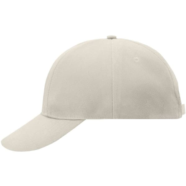 A light beige six-panel cap with a curved brim and a logo on the side.