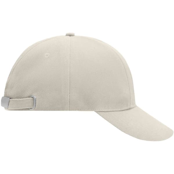 A beige six-panel cap with a logo, featuring a curved brim and an adjustable strap at the back.