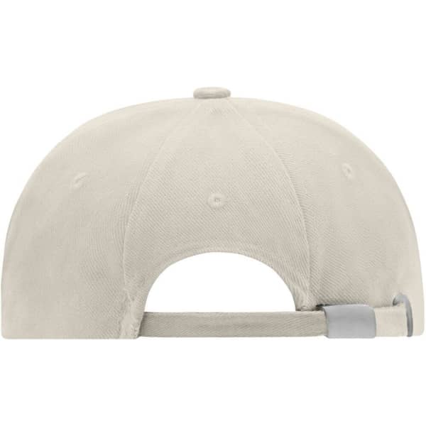 A light beige 6-panel cap with a back strap and branding on the adjustable closure.